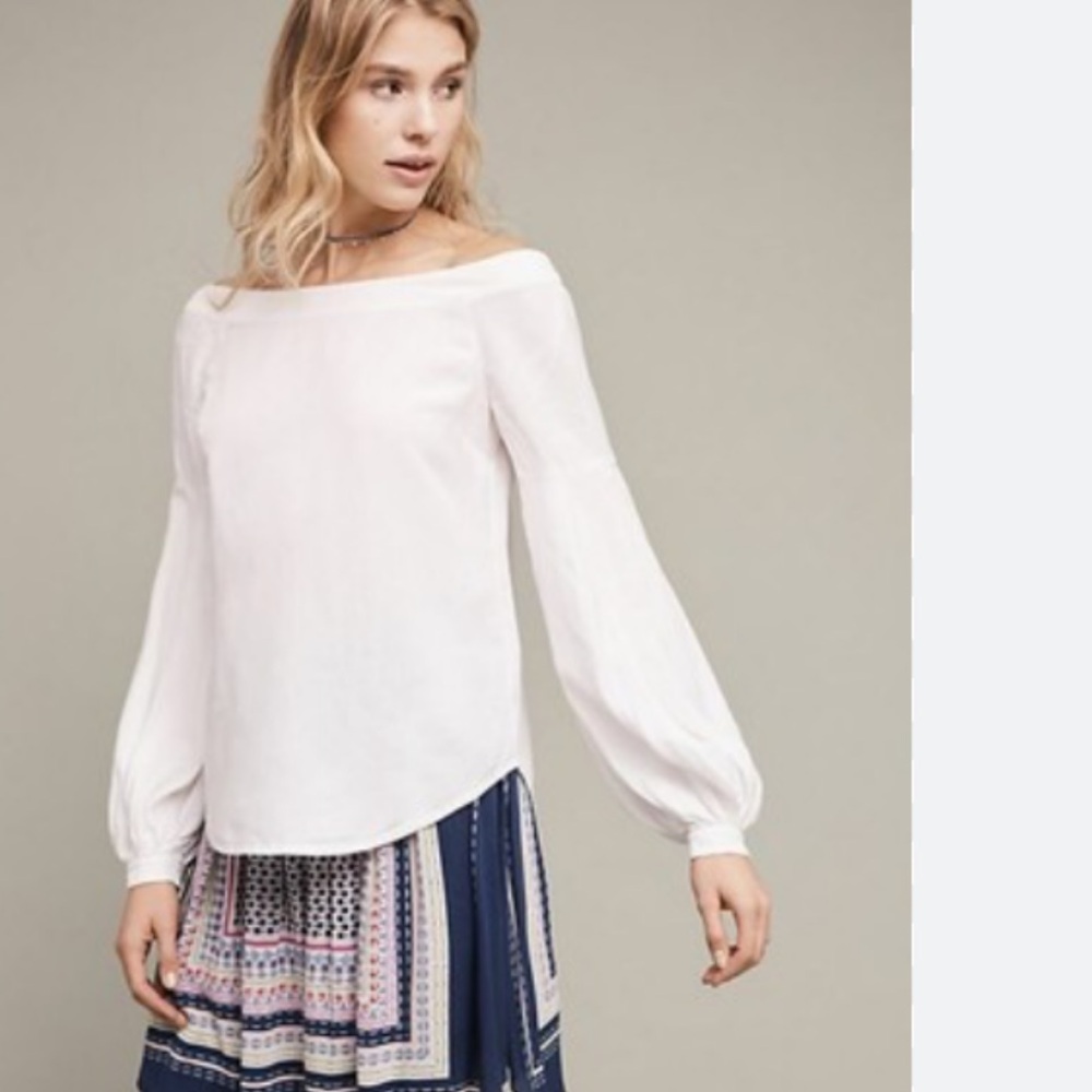 Anthropologie Floreat Mazza White Off Shoulder Blouse Size 6 Rayon/Linen
